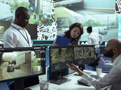 Diverse team of supervisors overseeing their staff activity on gps locating, following delivery truck drivers around in traffic via satellite map. Operators guiding couriers on routes.